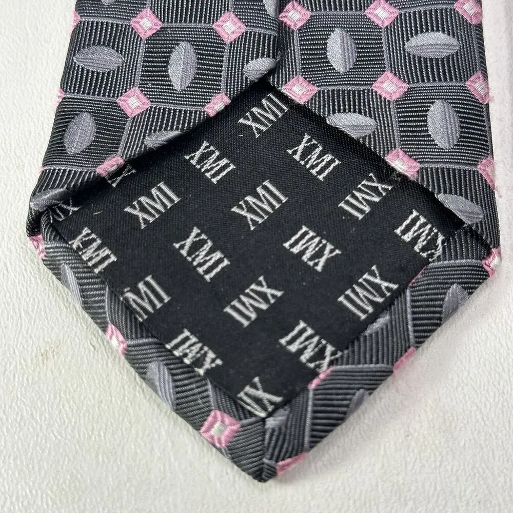 XMI Tie Mens 60 in Italian Silk Charcoal Pink Geometric Diamond Ellipsis Wide